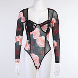 Fashion Floral Mesh Sheer Long Sleeve Bodysuits Women Rompers Party Sexy Slim Teddy One Piece Jumpsuit Female