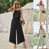Fashion Casual Women's 2025 New Solid Color Sling Waist Wide Leg