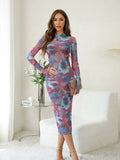 2024 Women's Summer New Round-Neck Long-Sleeved Cover Finger Mesh Printing Casual Long Dress Dress