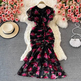Lotus Leaf Waist Shows Lean Temperament Lady V Collar Bag Hip Fishtail Chiffon Dress Fashion Dress
