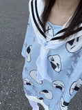 Japanese Summer Kawaii Long T-shirt Women Star Print Cute Salior Collar Harajuku Graphic T Shirts Y2k Aesthetic Tee
