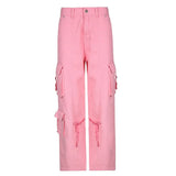 Vintage Streetwear Y2K Pink Baggy Cargo Pants 90s Fashion Big Pocket Trim Wide-Leg Full Length High Waist Trousers