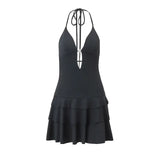 Zingj Women's French Deep V Sexy Dress Summer Hot Style Flounce Senior Sense Hanging Neck Temperament Short Skirt- Outfit