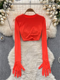 American Hotsweet Streetwear Y2K Tops Cropped O Neck Long sleeved Connecting Gloves Design Fashion Sexy Slim