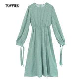 2021 Women Dress Casual Polka Dot Print Long Sleeve Mid Dress Vintage O Neck A-Line Party