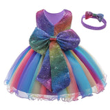 Princess Dress Bowknot Sequined Party Tutu Gown Kids Dresses For Girls Baby Casual Wear Rainbow Frocks Children