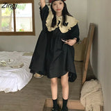 Sleeve Dress Women Peter Pan Collar Patchwork Sweet Girls Fashion A-line Baggy Casual Lovely Preppy Japanese Style Chic