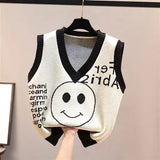 and autumn new style knitted vest Korean ladies cartoon smile women's sweater casual
