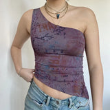 Vintage Chinese Style Print Crop Top Asymmetric Slim Fit One Shoulder Vests E-girl Aesthetic Fashion Women Summer Tank
