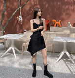 Black Layer Slip Dresses For Women 2021 Summer Backless V Neck Spaghetti Strap Asymmetrical Dress Fashion