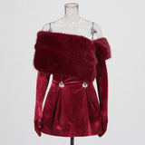 Temperament Famous Wind Velvet Dress 2025 New Hair Collar Splicing Diamond High-Sensing Sexy Breast Short Skirt