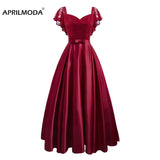 Burgundy Party Dress Floral Lace Long Women Short Sleeve Ruffle Elegant Red Blue Black Casual Maxi Date Satin