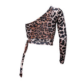 156 Spot 2025 New Leopard Print Crop Sexy Lace Slim Inclined Shoulder T-Shirt Top