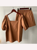 Cotton Shorts Sets Women 2022 Vintage Square Collar Puff Sleeve Tops High Waist Shorts 2 Piece Sets Womens