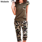 Women 2019 Summer Camouflage Print Set 2 Pieces Women Clothing Set:top Tshirt+ankle-length Pants Sportsuits Woman