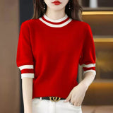 Round Collar Half-Sleeve Tight Cover Sweater Five-Point Sleeve Top Female Knitting Bottom Flying Sleeve Half-High