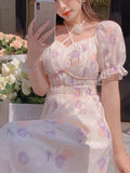 Summer Women Elegant Casual Midi Dresses French Style Lady Female Fashion Vintage Robe Vestidos