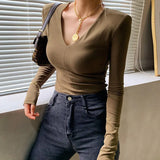T-shirt Women's Long Sleeves V-neck Tops Autumn 2021 Cushioned Shoulder Tops Slim Bottoms Clothes New Office Lady