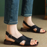 Side Head Thick Heel Low-Heeled Roman Shoes Summer Buckle With Square Toe Large Black Flat