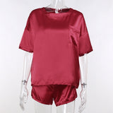 new solid color satin loose top and shorts urban leisure short sleeve suit Pajama shorts set of two fashion pieces