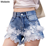 Shorts Women 2019 New Summer Fashion Lace Flower Emboridery Jean Femme Vintage High Waist Woman Blue Soft Denim