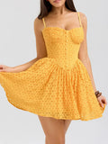 Yellow Strap Jacquard Lace Mini Dress- Outfit