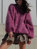 Zingj Sequins Ma Hair Sweater 2023 New Loose Round Collar Lantern Sleeve Sweater-Outfit