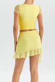 Mesh Ruffle Short Sleeve Top And Mini Skirt Set-Outfit