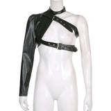 SUCHCUTE Hip Hop Fashion PU Leather Jacket Women Metal Buttons One shoulder Sexy Punk Streetwear Halter Crop Top Goth