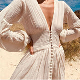 Women Boho Beach Maxi Dress Button Up Deep V Neck Full Sleeve Long Dress Fairy Grunge French Romance Holiday