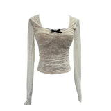 Real Pat With Chest Cushion Square Collar Bow Lace Long Sleeve Bottom Top Dress Slim Slim Short Shirt