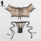 Brown Mesh Off-Shoulder Tie-Up Lingerie Set-Outfit