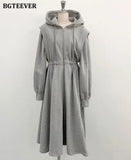 Chic Zippers Women Hooded Sweatshirt Midi Dress Casual Elastic Waist Long Sleeve Female A-line Dress 2021
