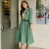 Women Two piece Set Korean Chic French Temperament V-neck Pearl Button Puff Sleeve Short Jacket + High Waist Swing Skirt