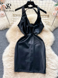 Halter PU Leather Short Dress Streetwear Fashion Sleeveless Halter Backless Hollow Out Sheath Sexy Midi