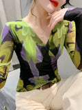Autumn Wrinkled Cross V-Neck Long Sleeve Mesh T-shirt Women High Stretch Printing Fashion Slim Base TShirts