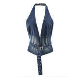 Denim Adjustable Strap Plunge Backless Halter Top-Outfit