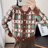 Impact Color Diamond Plaid Knitted Cardigan Women's Fashionable Sweater Round Collar Autumn And Winter Style Coat Bubble Long-Sleeved