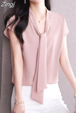 Tie Blouse Shirt for Women OL Elegant Blouses Satin Womens Tops Silk Female Clothing 2023 Korean Fashion Short Sleeve