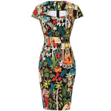 Retro Vintage 50s Party Sheath Bodycon Dress Floral Print Work Wear Office Women Knee Length Hips Wrapped Pencil