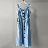 Summer 97%Cotton Camisole Dress Beach Midi Dresses with Pockets Front Button Sundress Stretch