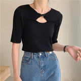 Ribbed Knit Top Summer Short Sleeve Tees Hollow Out Korean Fashion T Shirt Women White Yellow Black Blue Casual