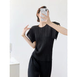 Folded Summer Korean Version Of The Shape Of The Round Collar Folded Short-Sleeved T-Shirt For Women's Relaxed Leisure Pure Color