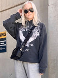 Printed Sweatshirt Women Fade Black Vintage Graphic Hoodies Tops 2023 Autumn Winter Fashion Streetwear Hooded