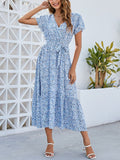 Summer Boho Long Dress Women Maxi Floral Dress Party Print V Neck Sundress Bohemian Casual Dresses