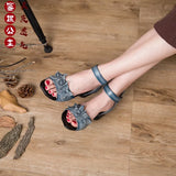 New Sandals National Wind Leather Women's Shoes Thick Heel Fish Mouth Mother Shoes Elderly Women's Shoes Soft Bottom