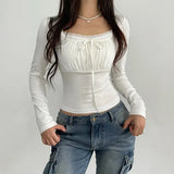 Lace Trim Stitching Square Neck Long Sleeve TeeOutfit
