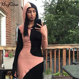 Long Sleeve Hooded Patchwork Skinny Maxi Dress Autumn Winter Women Fashion Streetwear Casual