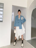 Rose Embroidery Designer Blue Blazer For Women Elegant Stylish Coat And Jacket Autumn 2021 Korean Fashion