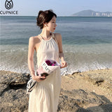2022 Summer Solid Halter Knitted Backless Maxi Dress for Women Sexy Beach Holiday Vintage Tassels Robe New